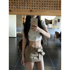 批发美式辣妹白色印花<b class='q'>T</b><b class='q'>恤</b>短袖上衣卡其色低腰半身裙显瘦包臀裙两件套