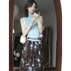 批发夏日穿搭套装纯欲风半高领短袖紧身<b class='q'>t</b><b class='q'>恤</b>复古百褶长裙<b class='q'>山茶花</b>半身裙