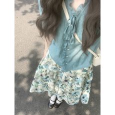 批发初夏气质一整套ootd穿搭套装女系带轻薄短袖<b class='q'>衬衫</b><b class='q'>碎花</b>半身裙两件套