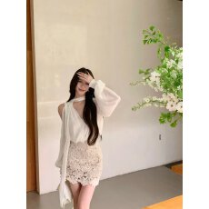 批发纯欲穿搭套装女夏季韩系轻熟绝美气质白色<b class='q'>雪纺上衣</b>蕾丝包臀短裙子