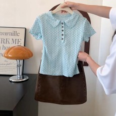 批发初夏漂亮出片衣服韩系减龄波点翻领短袖针织衫高腰半身裙两件套女