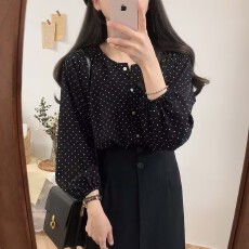 批发设计灯笼春秋复古波点法式雪纺衬衣衬衫2025<b class='q'>长袖</b>宽松上衣新款打底