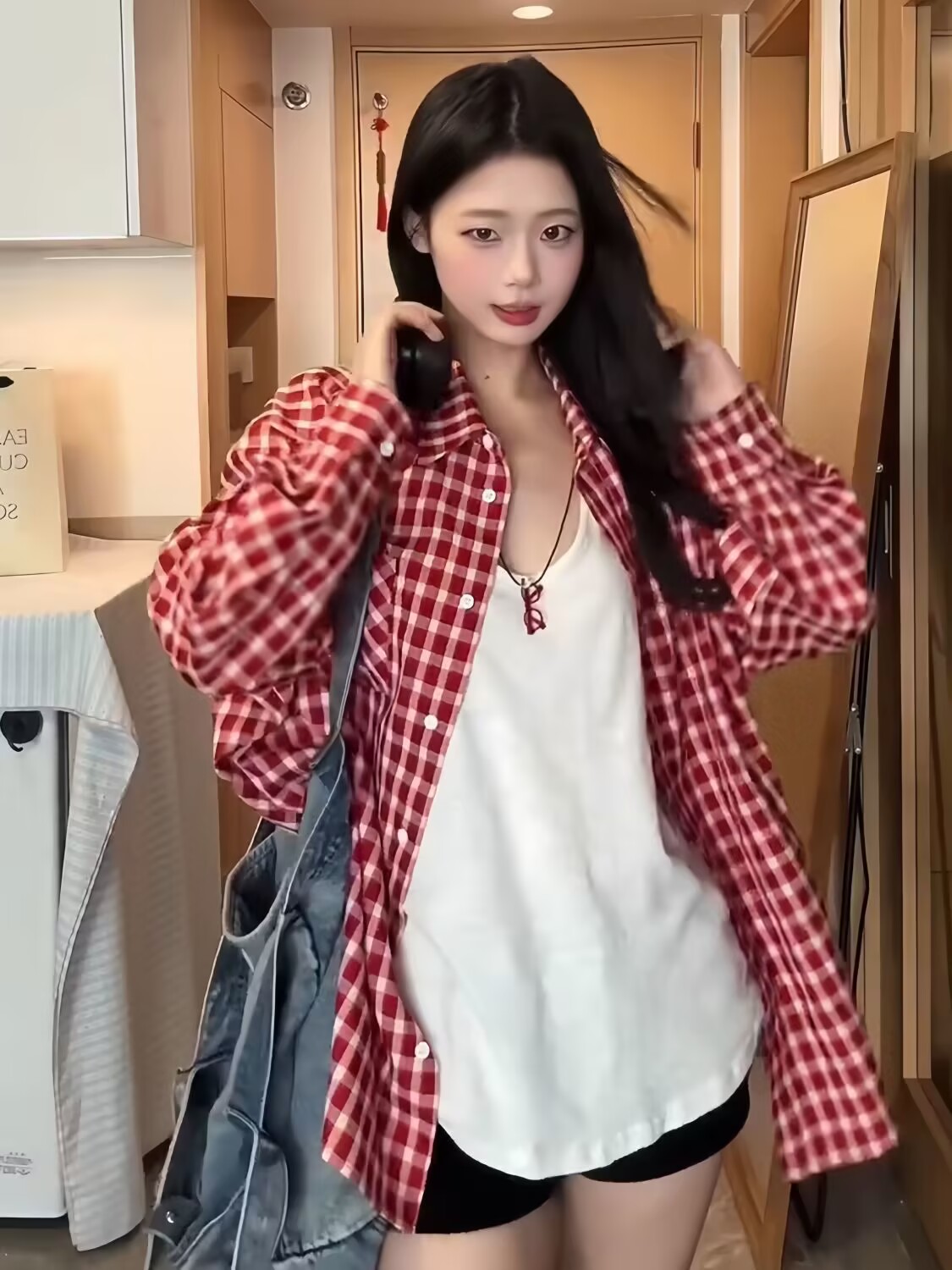 MY16988# 日系复古红色格子衬衫外套女夏季vintage松弛感休闲防晒衬衣外套女裝貨源服裝批發