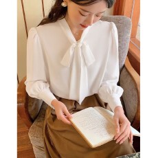 批发春秋装新款蝴蝶结系带雪纺<b class='q'>衬衫女</b>长袖宽松垂感气质纯色百搭上衣