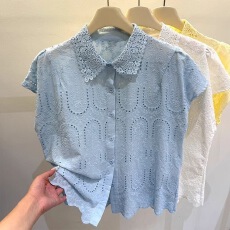 批发法式<b class='q'>甜美</b>钩花镂空重工翻领蕾丝衬衫女2026夏季新款设计感减龄上衣
