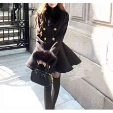 批发赫本小香风掐腰黑色毛领收腰毛呢大衣夹棉加厚毛呢子外套女冬