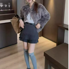 批发高腰毛呢<b class='q'>百褶</b>半身裙女A字显瘦短裙学院风腰带装饰裙