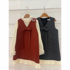 批发小香风亮片蝴蝶结连衣裙女新年红色背心裙内搭<b class='q'>蕾丝</b>拼接衬衫两件套