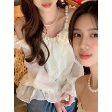 批发设计感钉珠挂脖露肩荷叶边衬衫女春季妹妹绝美温柔气质小衫