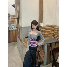 批发纯欲风薄款长袖开衫外套女装秋季内搭条纹抹胸背心两件套