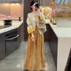 批发新中式国风复古套装女2025年秋季新款盘扣外套灯芯绒阔腿裤一整套