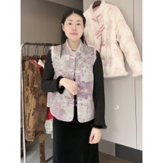 批发新中式国风盘扣真丝宋锦夹棉马甲女装2025春秋新款高端水貂毛棉服