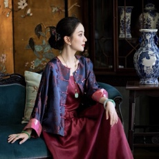 批发鸣枝锦梦丨2025秋季新款丨真丝交织提花老缎子圆领开衫外套上衣女