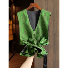 批发绿色年轻版真丝香云纱新中式马甲背心女款v领贵气桑蚕丝国风上衣