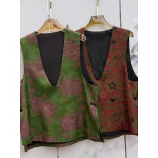 批发2026春新中式人丝提花U领马甲国风坎肩摇曳之花宽松深V背心