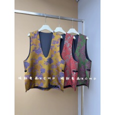 批发2026春新中式人丝提花U领马甲国风坎肩摇曳之花宽松深V背心