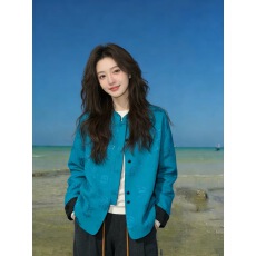 批发新中式蓝色精致提花立领外套女2026春款国风气质排扣宽松撞色开衫