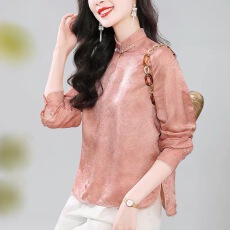 批发新中式<b class='q'>真丝</b>上衣女春2026新款国风改良<b class='q'>旗袍</b>立领盘扣桑蚕丝长袖T恤