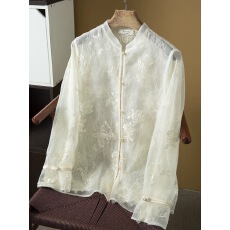 丝艺轻奢国风刺绣拼接蕾丝真丝欧根纱开衫100%桑蚕丝立领外套上衣