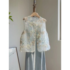 批发新中式绝美蓝色马甲女夏季薄款欧根纱刺绣花年轻国风背心两件<b class='q'>套装</b>