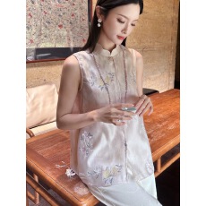 批发国风绝美花瓣领对襟绣花<b class='q'>欧根纱</b>蕾丝新中式无袖<b class='q'>上衣</b>粉色夏女