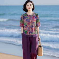 原创品牌女装新款紫色印花短袖上衣＋松紧腰直筒休闲裤套装