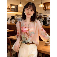 批发2026年夏季新款洋气独特别致超好看v领大花朵上衣气质女士雪纺衫