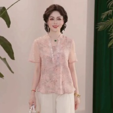 批发2026新款夏季妈妈装时尚套装衬衣中老年女装洋气T恤上衣服母亲节