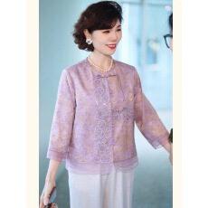 批发母亲节妈妈夏装紫色提花T恤小衫2026新款洋气中老年女装上衣套装