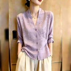 批发2026夏季新款女装温柔气质V领碎花上衣紫色知性优雅长袖小衫减龄