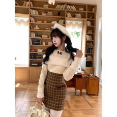 批发森女系原创想去海边 迷路小羊 针织拼接可爱棕色格子<b class='q'>连衣裙</b>