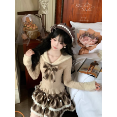 批发Blovelan摩卡甜心 美拉德学院风海军领蝴蝶结收腰针织<b class='q'>上衣</b>秋冬