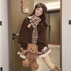 批发桔梗house焦糖松饼秋冬甜美美拉德假两件咖色斗篷格纹蛋糕短裙