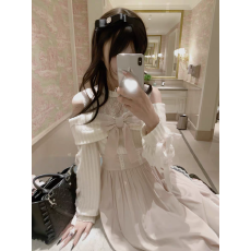 批发森女系原创想去海边 秋日絮语 清楚系优雅温柔浅粉<b class='q'>露肩</b><b class='q'>连衣裙</b>