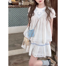 批发Doll原创『<b class='q'>贝壳</b>小岛』天丝亚麻中古感白色刺绣上衣半身裙套装夏季