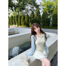 批发Tennis girl 学院风刺绣口袋女秋季Polo领<b class='q'>连衣裙</b>针织开衫