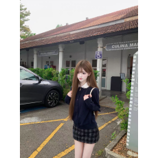 批发帆帆困了zZ「私立韩高」假两件时髦书呆子针织上衣格纹<b class='q'>裙裤</b>套装