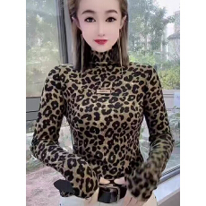 批发豹纹复古时髦长袖打底衫女2025秋冬新款洋气减龄内搭德绒保暖上衣