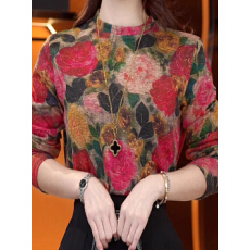 批发中年妈妈装花色双面德绒打底衫秋冬新款休闲显瘦保暖百搭长袖上衣