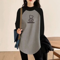 批发韩版插肩拼色德绒中长款长袖上衣女2025秋冬款加厚<b class='q'>大码</b>内搭打底衫