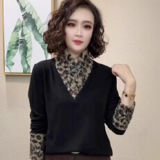 批发时尚豹纹双面绒拼接打底衫女内搭新款<b class='q'>妈妈装</b>设计感洋气假两件上衣
