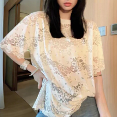 批发高级感钩花<b class='q'>镂空</b>蕾丝短袖t恤女2026新款夏季休闲宽松显瘦透气上衣