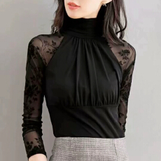 批发洋气<b class='q'>妈妈</b>装蕾丝拼接打底衫女秋冬新款半高领长袖<b class='q'>t</b><b class='q'>恤</b>减龄百搭上衣