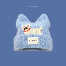 批发2025新款可爱小狗钩花猫耳朵毛线帽女秋冬保暖百搭蓝色显白针织帽