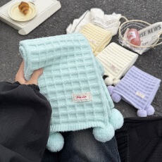 可爱带球华夫格饼干小围巾女秋冬韩系氛围感百搭保暖围脖