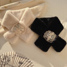 重工刺绣仿水貂毛玉扣交叉毛领围脖女士秋冬保暖护颈毛毛围巾外搭
