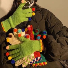 彩色球球毛线针织手套女秋冬可爱小球触屏露手指头保暖五指骑车暖