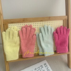 可触屏~粉色兔毛针织手套女秋冬韩国可爱五指防风保暖骑行手套ins