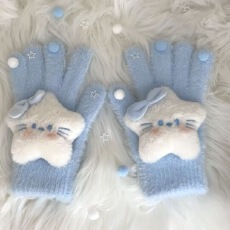 批发甜美蓝色kt手套冬款星星蝴结点缀女学生骑行防寒卡通可爱保暖型