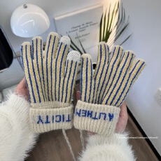 批发时髦复古纹撞色针织触屏手套男女秋冬季保暖加绒挂脖学生情侣五指